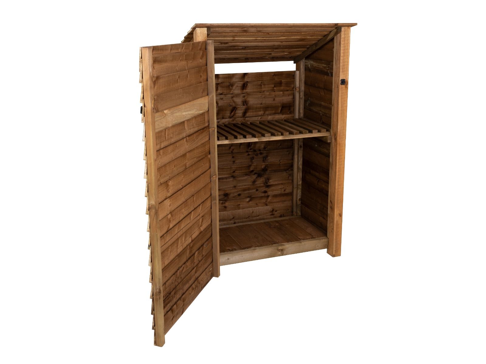 Wooden Garden Tool Storage with Shelf (Roof Sloping Back) W-119cm, H-126cm or 180cm, D-88cm - Brown Finish