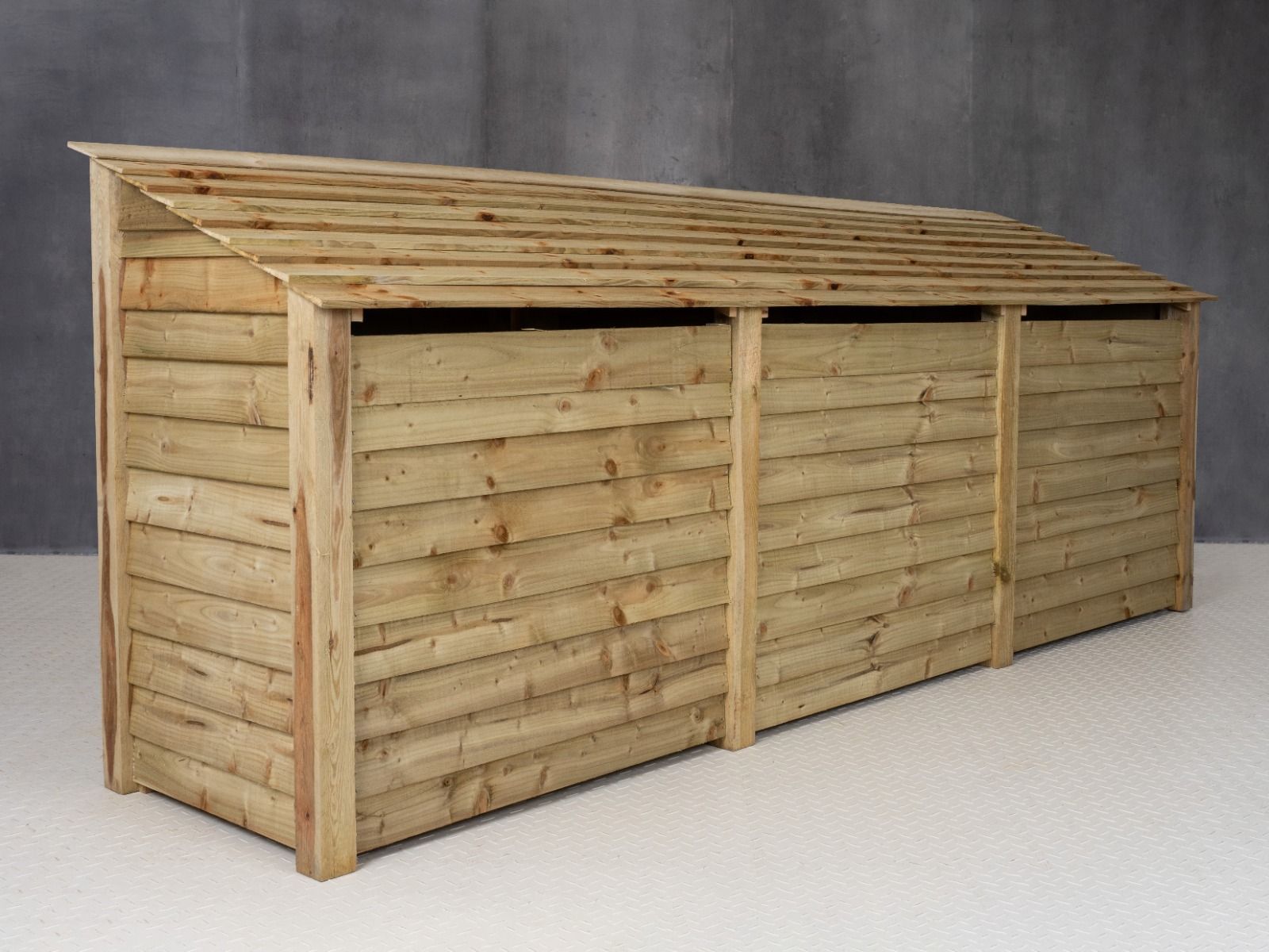 Wooden Garden Tool Storage (Roof Sloping Back) with Shelf W-335cm, H-126cm or 180cm, D-88cm