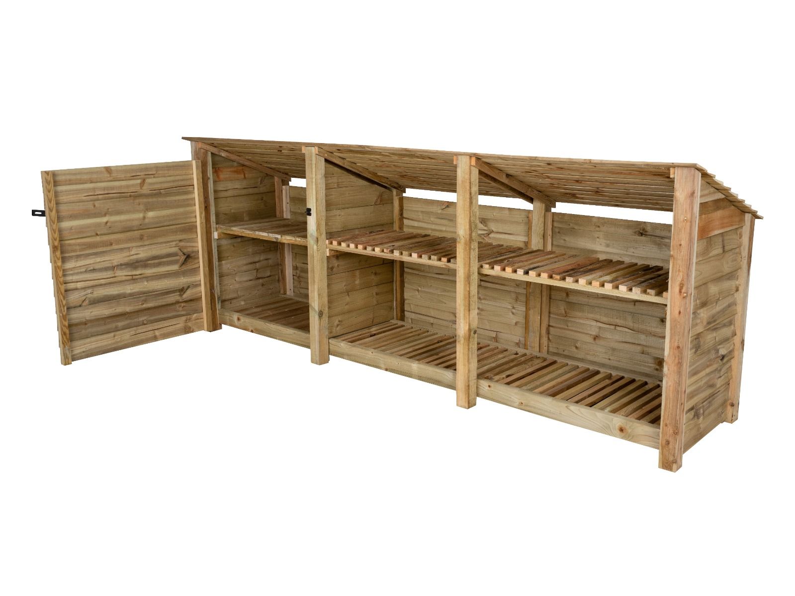Wooden Garden Tool Storage (Roof Sloping Back) with Shelf W-335cm, H-126cm or 180cm, D-88cm