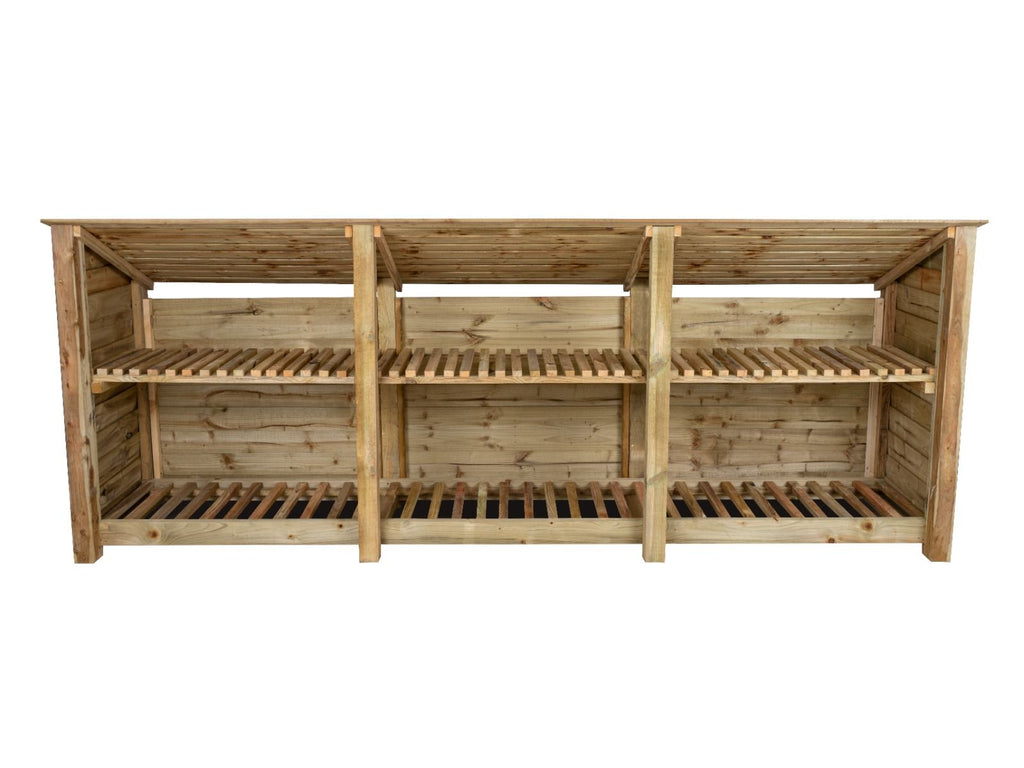 Wooden Log Store (Roof Sloping Back) with Shelf W-335cm, H-126cm or 180cm, D-88cm