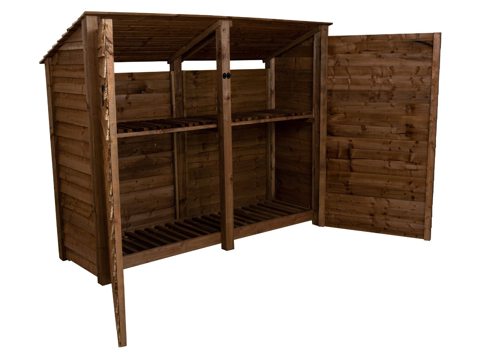 Wooden Log Store (Roof Sloping Back) with Doors and Shelf W-227cm, H-126cm or 180cm, D-88cm - Brown Finish