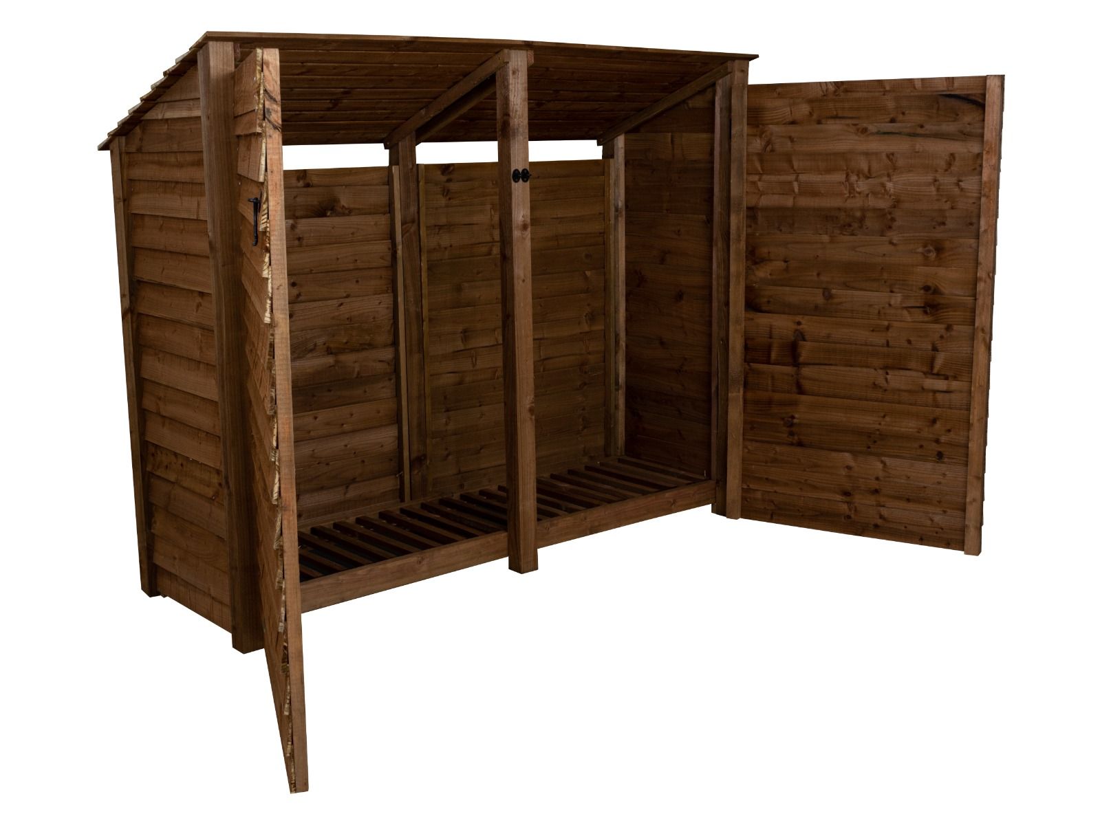 Wooden Log Store (Roof Sloping Back) with Doors W-227cm, H-126cm or 180cm, D-88cm - Brown Finish