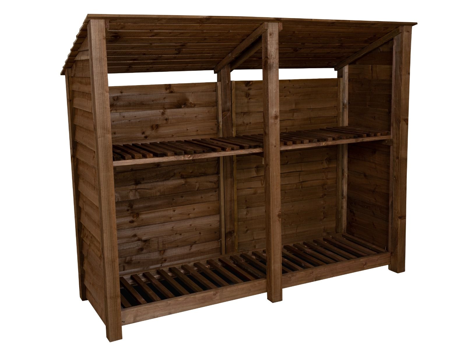 Wooden Log Store (Roof Sloping Back) with Shelf W-227cm, H-126cm or 180cm, D-88cm - Brown Finish