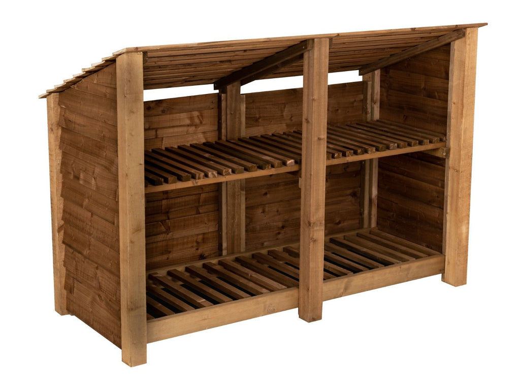 Wooden Log Store (Roof Sloping Back) with Shelf W-187cm, H-126cm or 180cm, D-88cm - Brown Finish