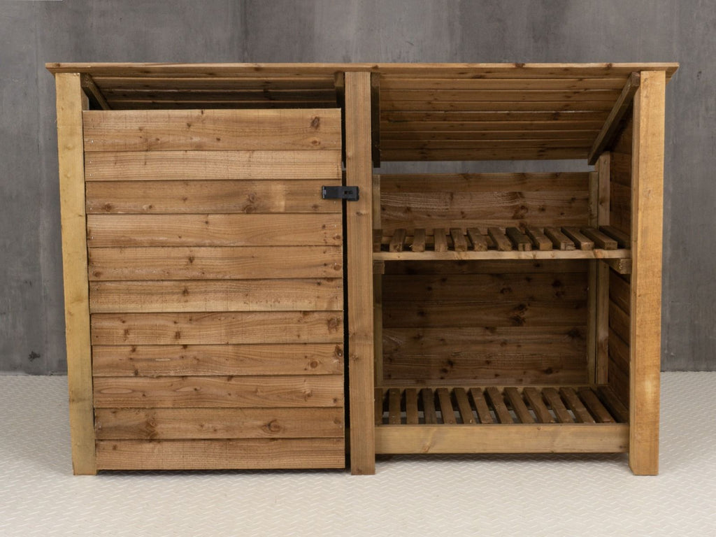 Wooden Garden Tool Storage (Roof Sloping Back) with Shelf W-187cm, H-126cm or 180cm, D-88cm - Brown Finish