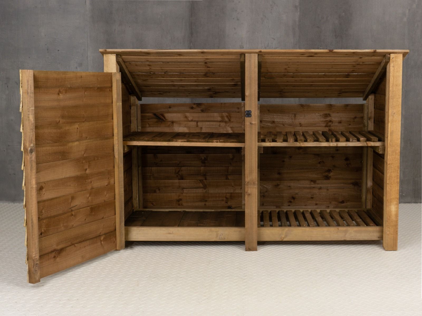 Wooden Garden Tool Storage (Roof Sloping Back) with Shelf W-187cm, H-126cm or 180cm, D-88cm - Brown Finish