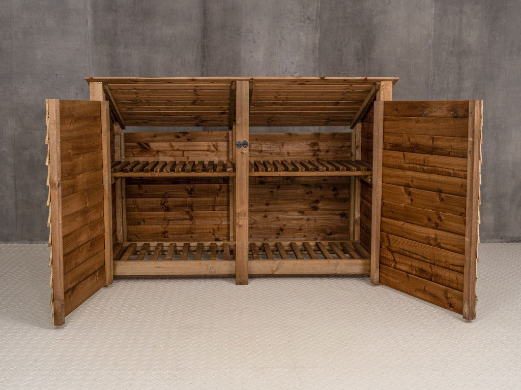 Wooden Log Store (Roof Sloping Back) with Doors and Shelf W-187cm, H-126cm or 180cm, D-88cm - Brown Finish