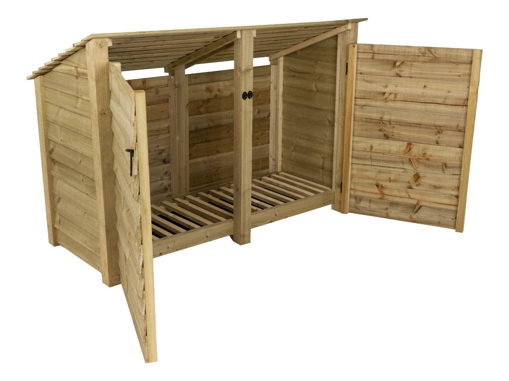Wooden Log Store (Roof Sloping Back) with Doors W-187cm, H-126cm or 180cm, D-88cm