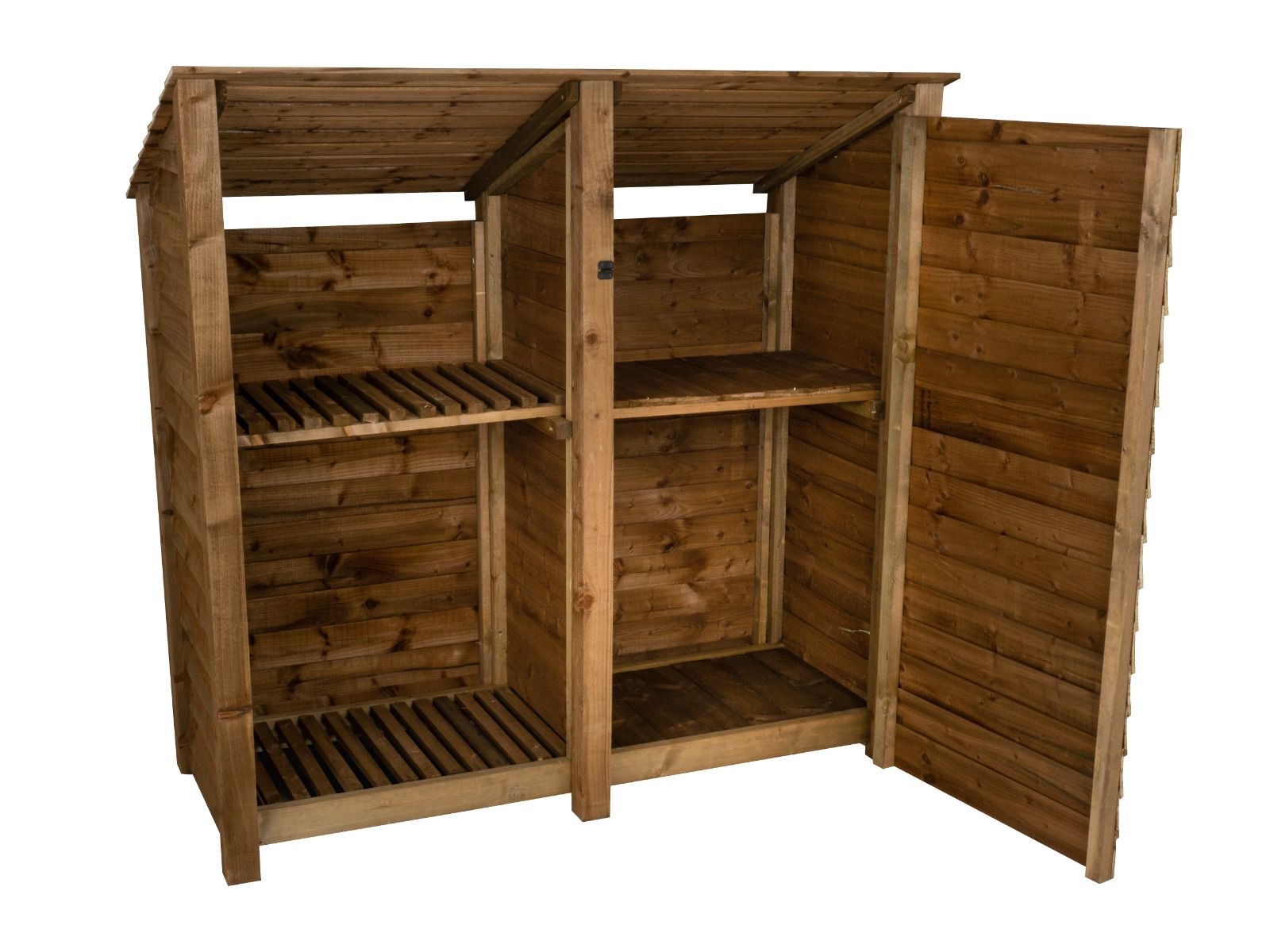 Wooden Garden Tool Storage (Roof Sloping Back) with Shelf W-187cm, H-126cm or 180cm, D-88cm - Brown Finish
