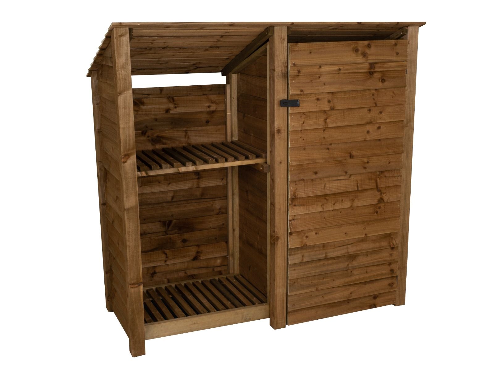 Wooden Garden Tool Storage (Roof Sloping Back) with Shelf W-187cm, H-126cm or 180cm, D-88cm - Brown Finish