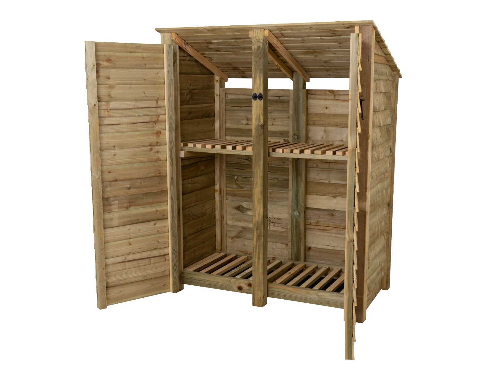 Wooden Log Store (Roof Sloping Back) with Door and Shelf W-146cm, H-126cm or 180cm, D-88cm