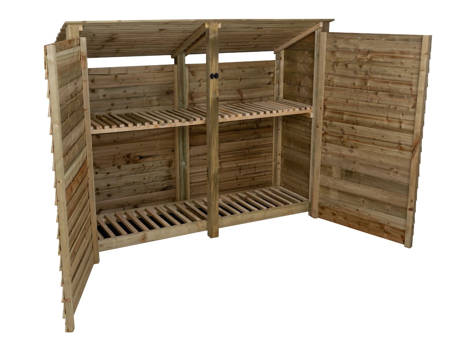 Wooden Log Store (Roof Sloping Back) with Doors and Shelf W-227cm, H-126cm or 180cm, D-88cm