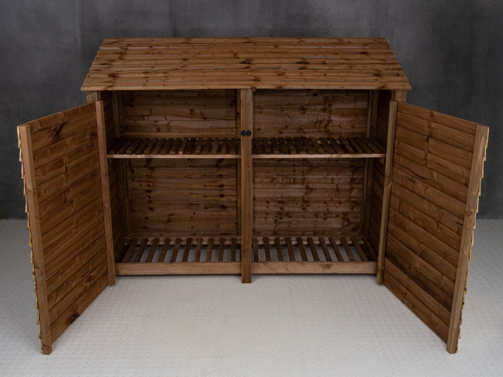 Wooden Log Store with Doors and Shelf W-227cm, H-126cm or 180cm, D-88cm - Brown Finish