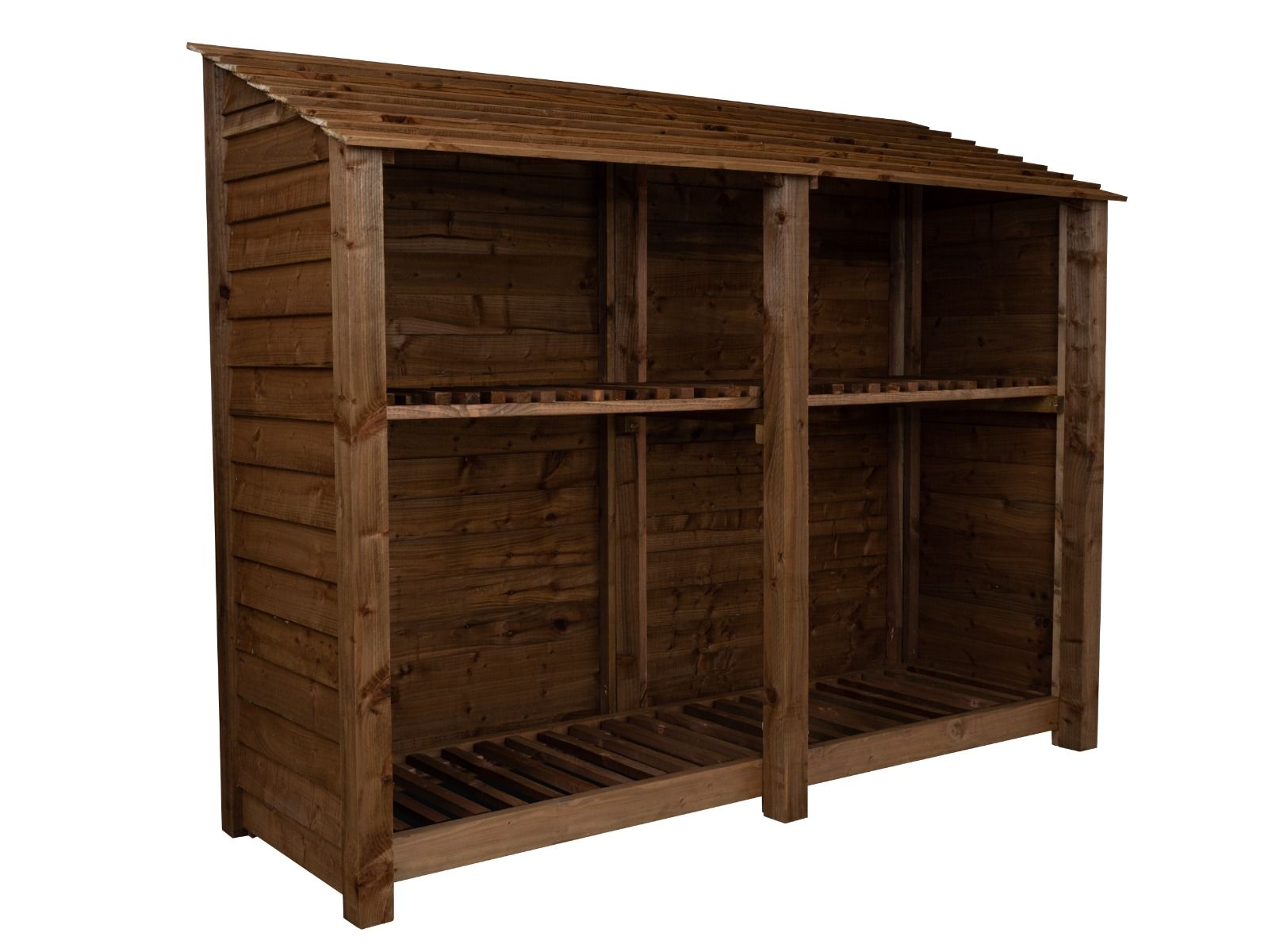 Wooden Log Store with Shelf W-227cm, H-126cm or 180cm, D-88cm - Brown Finish
