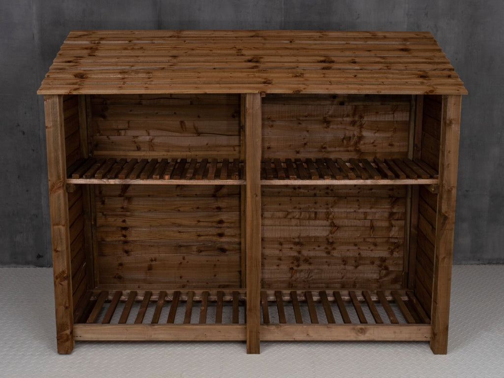 Wooden Log Store with Shelf W-227cm, H-126cm or 180cm, D-88cm - Brown Finish