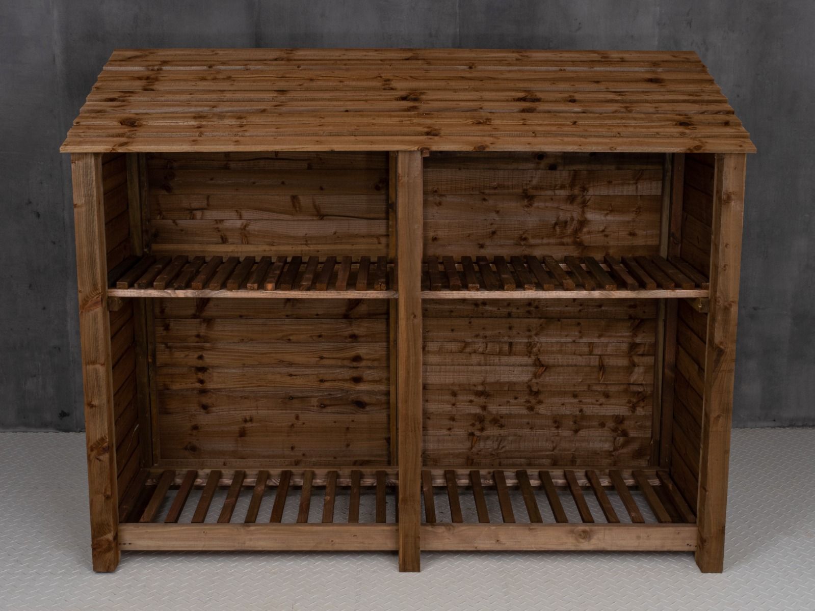 Wooden Log Store with Shelf W-227cm, H-126cm or 180cm, D-88cm - Brown Finish