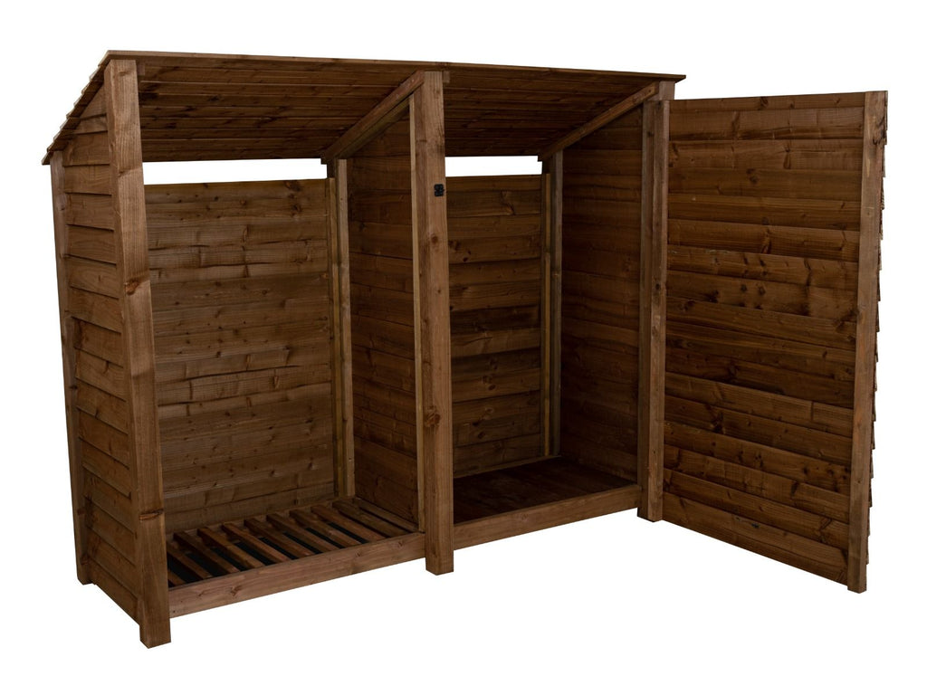 Wooden Garden Tool Storage (Roof Sloping Back) W-227cm, H-126cm or 180cm, D-88cm - Brown Finish