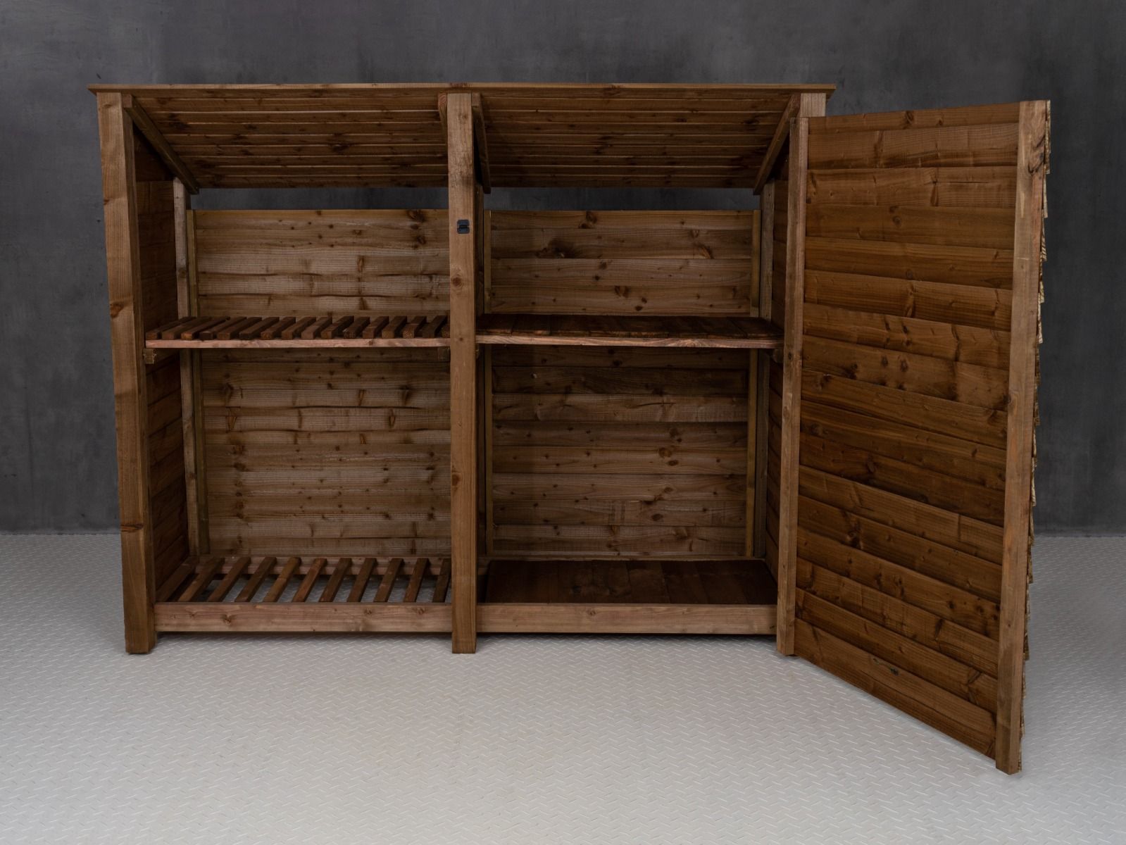 Wooden Garden Tool Storage (Roof Sloping Back) with Shelf W-227cm, H-126cm or 180cm, D-88cm - Brown Finish
