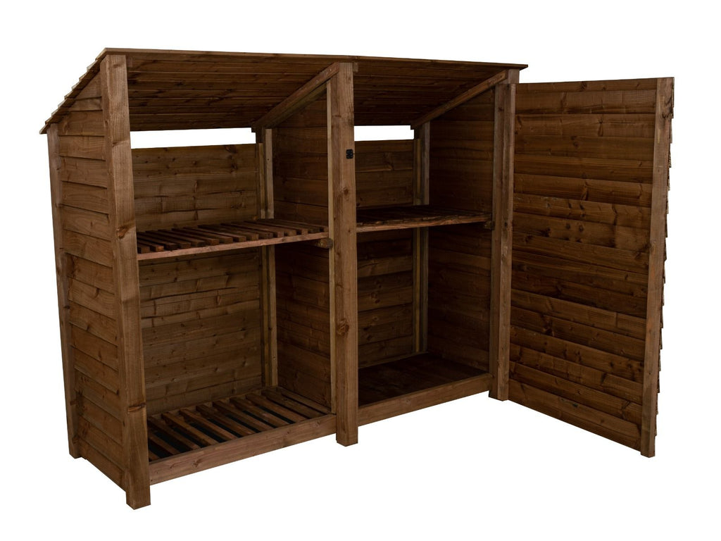 Wooden Garden Tool Storage (Roof Sloping Back) with Shelf W-227cm, H-126cm or 180cm, D-88cm - Brown Finish