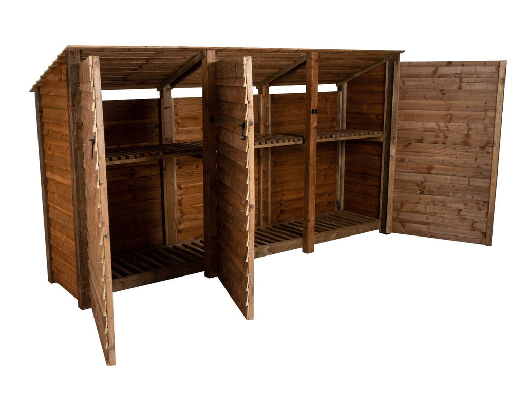 Wooden Log Store (Roof Sloping Back) with Doors and Shelf W-335cm, H-126cm or 180cm, D-88cm - Brown Finish