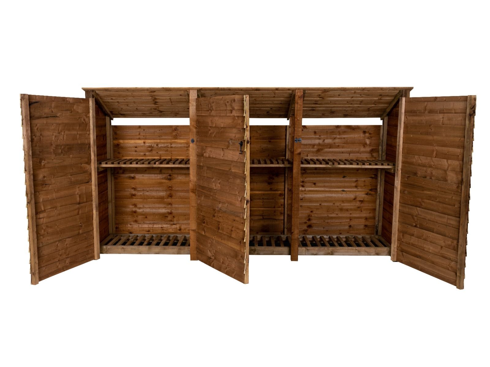 Wooden Log Store (Roof Sloping Back) with Doors and Shelf W-335cm, H-126cm or 180cm, D-88cm