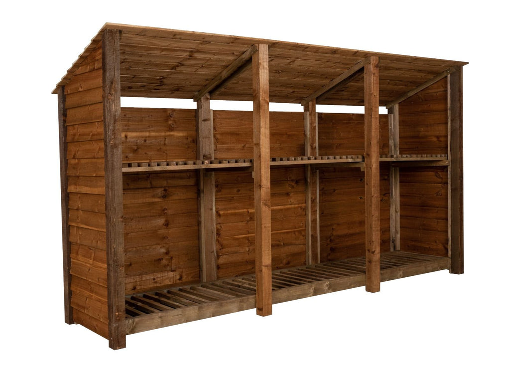 Wooden Log Store (Roof Sloping Back) with Shelf W-335cm, H-126cm or 180cm, D-88cm - Brown Finish