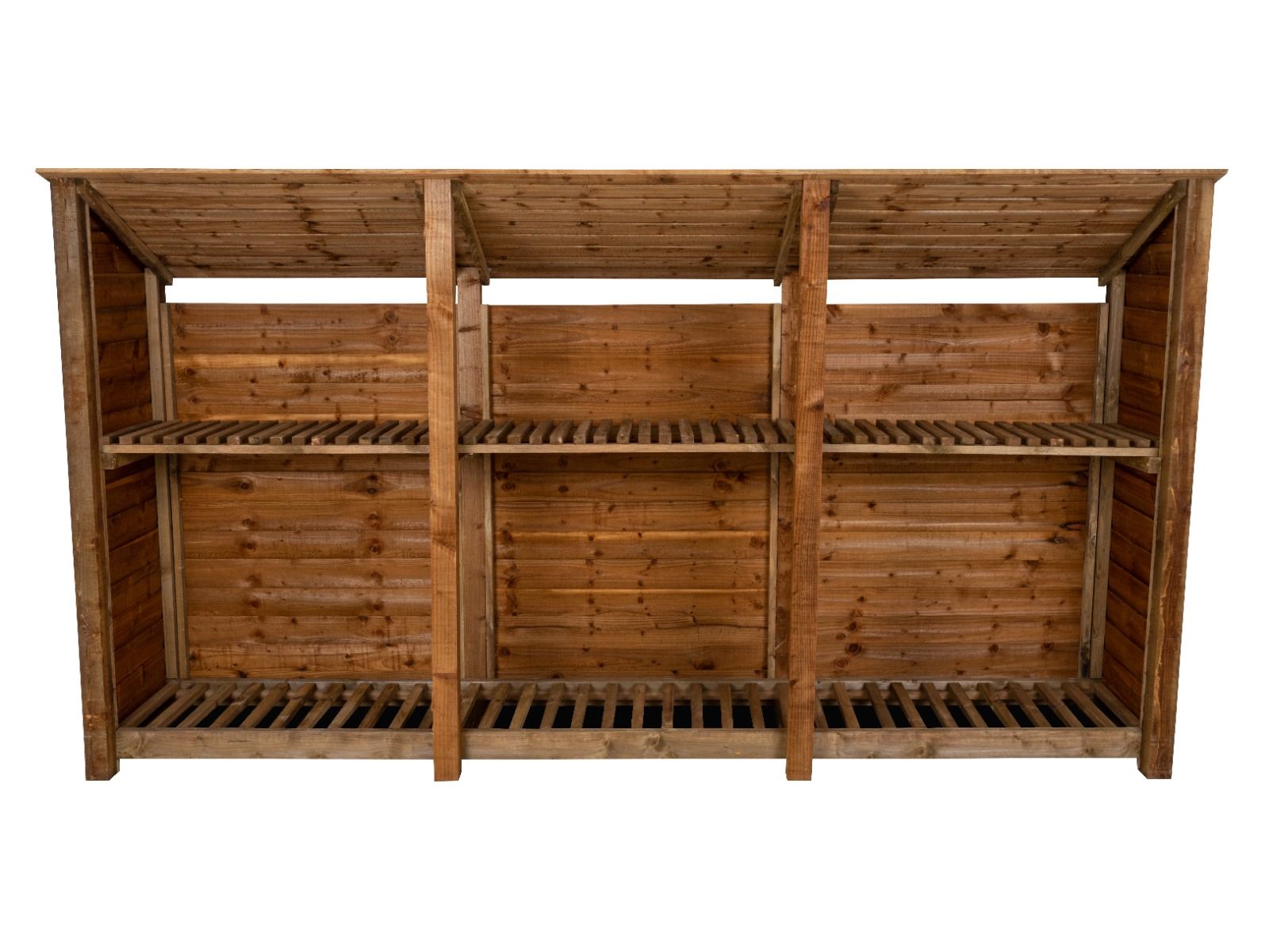 Wooden Log Store (Roof Sloping Back) with Shelf W-335cm, H-126cm or 180cm, D-88cm - Brown Finish