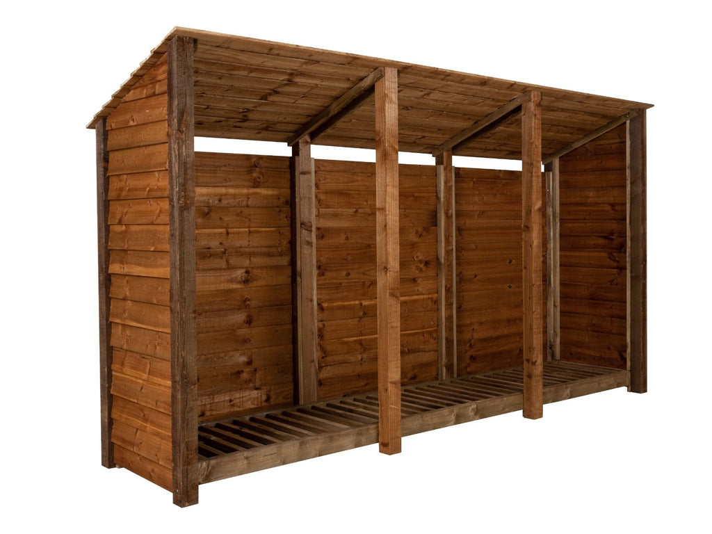Wooden Log Store (Roof Sloping Back) W-335cm, H-126cm or 180cm, D-88cm - Brown Finish