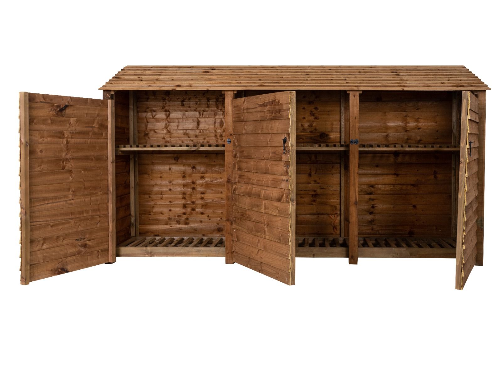 Wooden Log Store with Doors and Shelf W-335cm, H-126cm or 180cm, D-88cm - Brown Finish