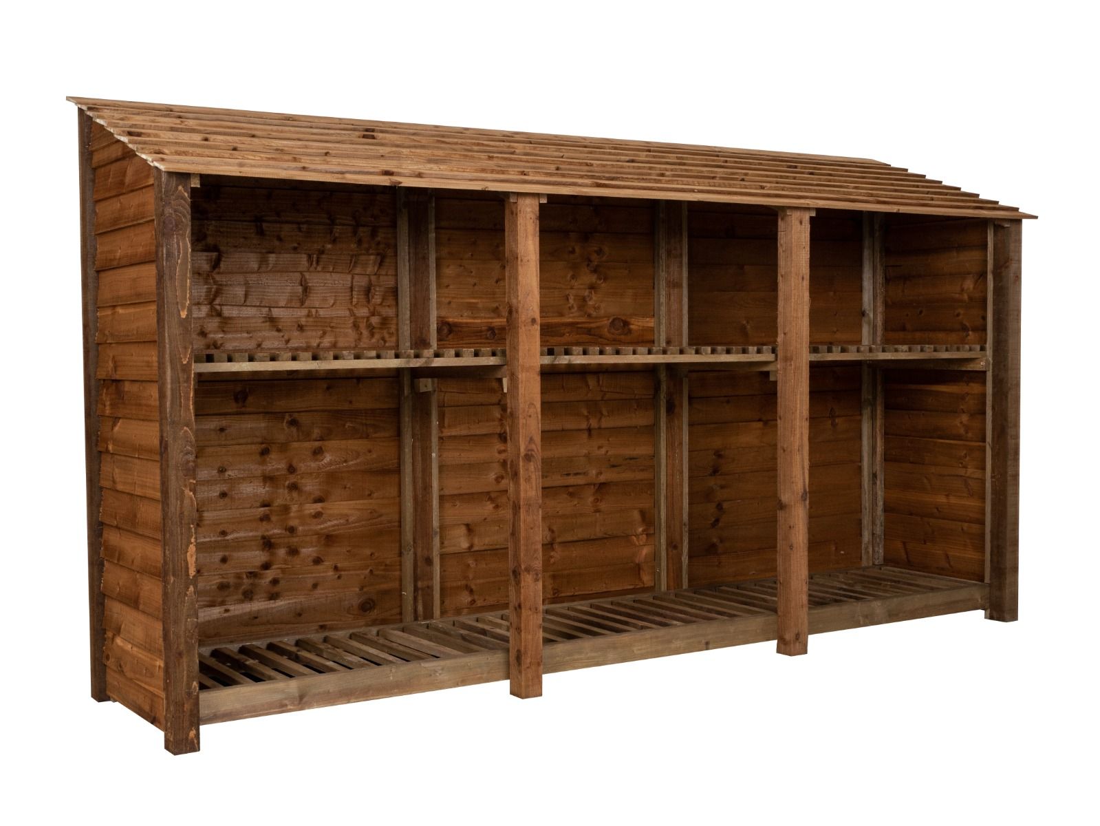 Wooden Log Store with Shelf W-335cm, H-126cm or 180cm, D-88cm - Brown Finish