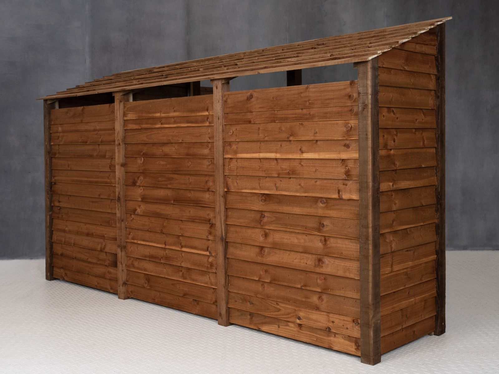 Wooden Garden Tool Storage (Roof Sloping Back) W-335cm, H-126cm or 180cm, D-88cm - Brown Finish