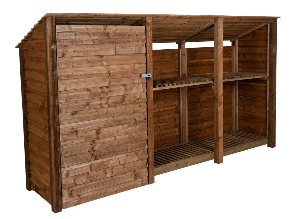 Wooden Garden Tool Storage (Roof Sloping Back) with Shelf W-335cm, H-126cm or 180cm, D-88cm - Brown Finish