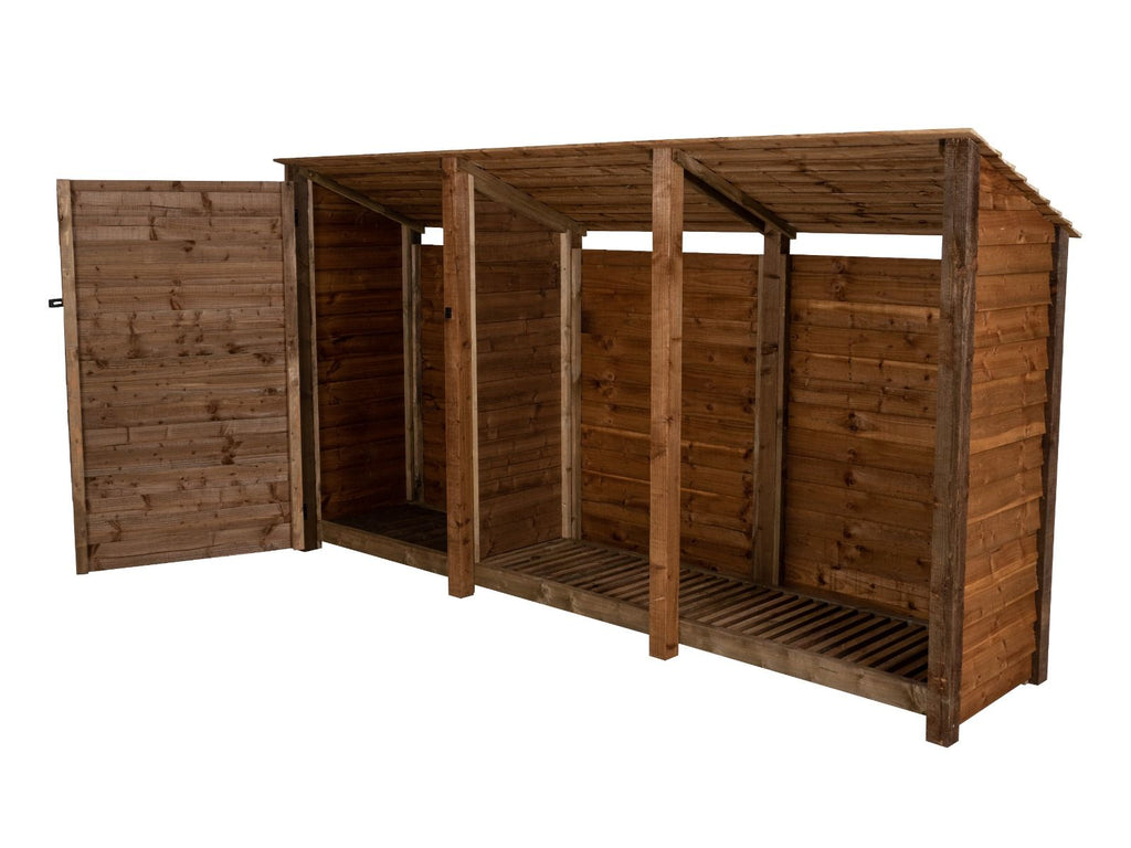 Wooden Garden Tool Storage (Roof Sloping Back) W-335cm, H-126cm or 180cm, D-88cm - Brown Finish