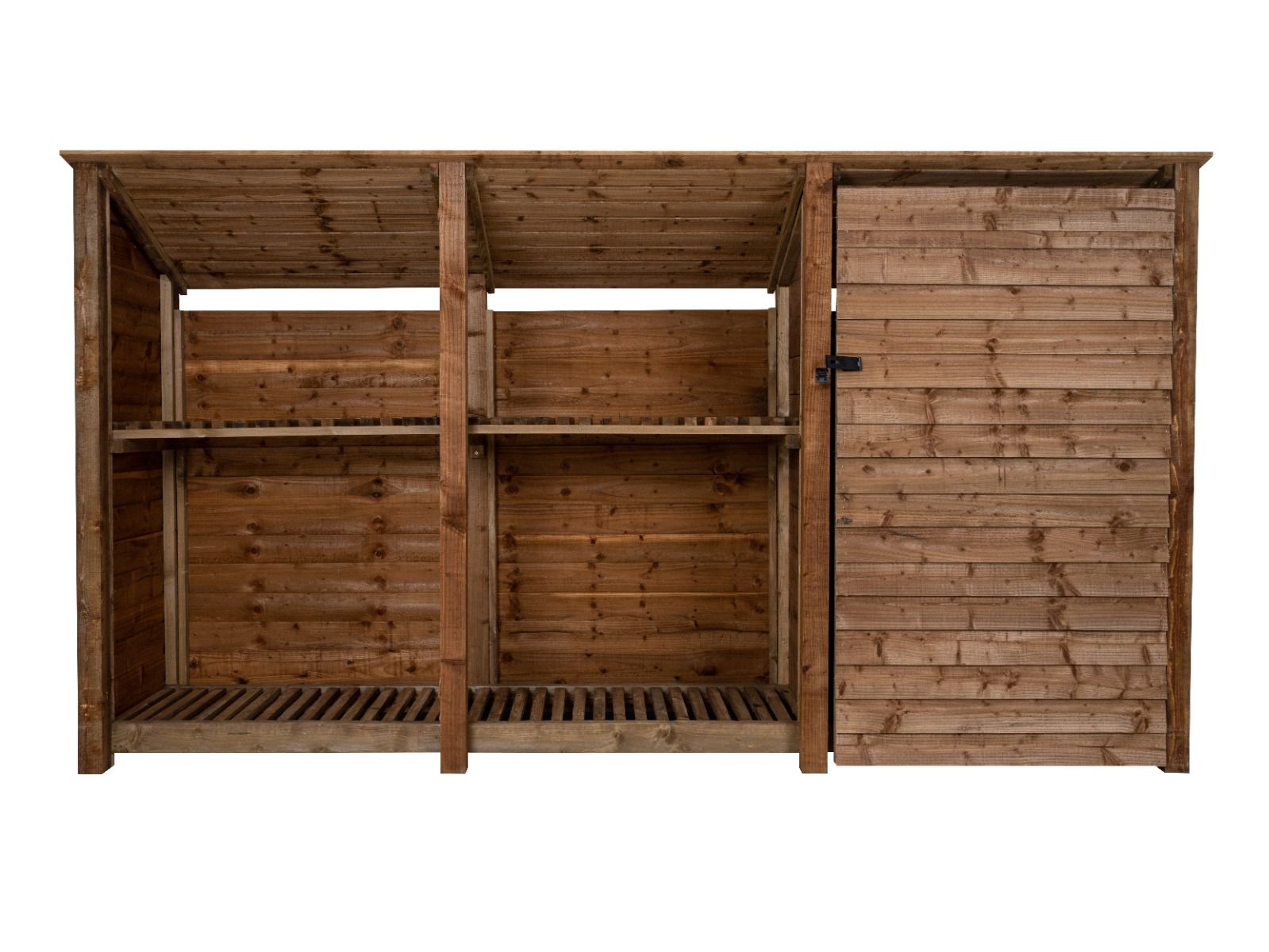 Wooden Garden Tool Storage (Roof Sloping Back) with Shelf W-335cm, H-126cm or 180cm, D-88cm - Brown Finish