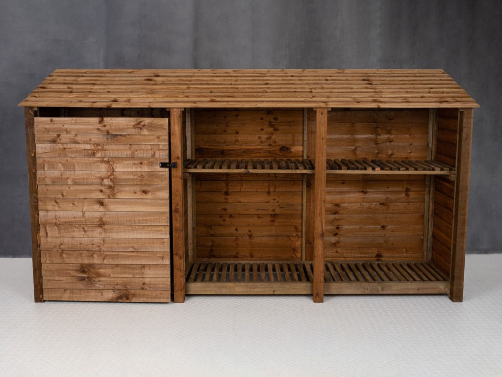 Wooden Garden Tool Storage with Shelf W-335cm, H-126cm or 180cm, D-88cm - Brown Finish