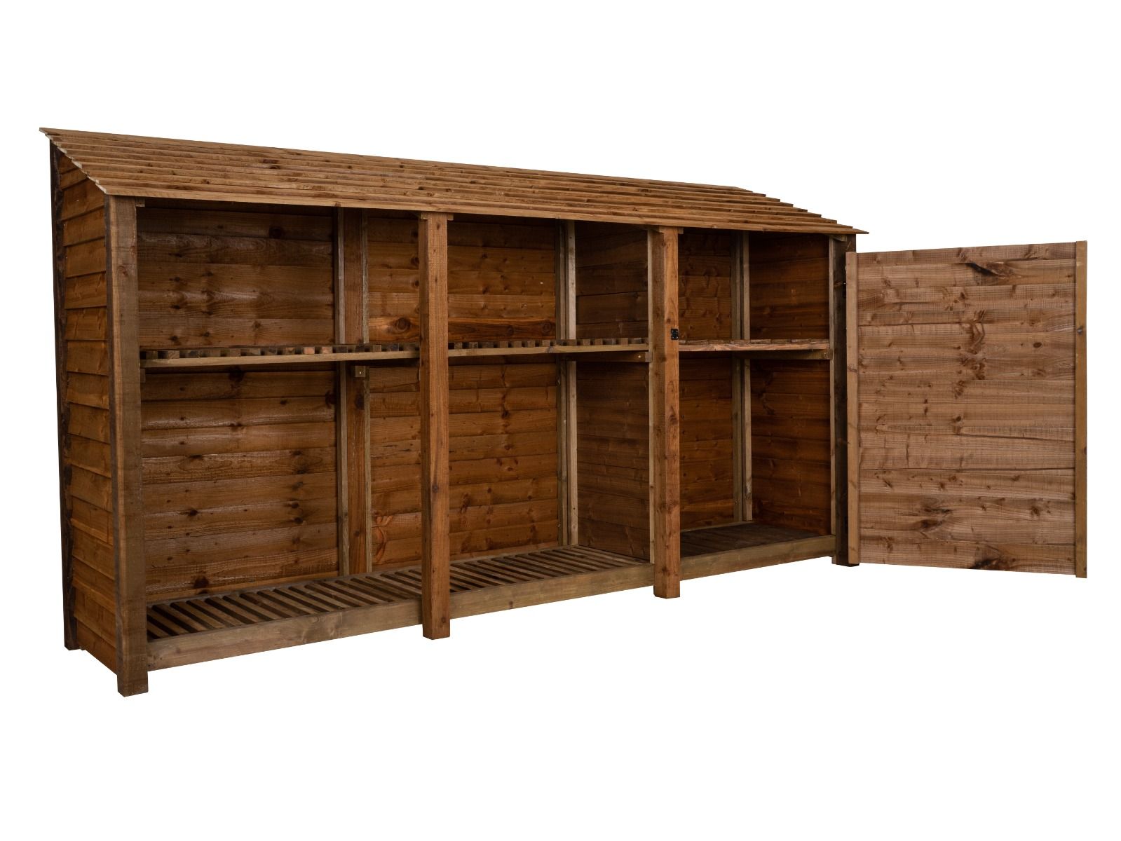 Wooden Garden Tool Storage with Shelf W-335cm, H-126cm or 180cm, D-88cm - Brown Finish