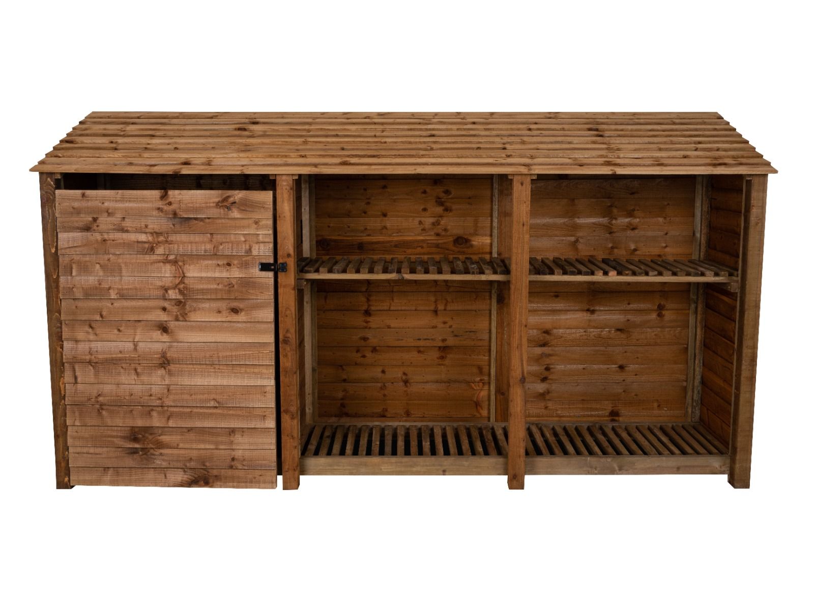 Wooden Garden Tool Storage with Shelf W-335cm, H-126cm or 180cm, D-88cm - Brown Finish
