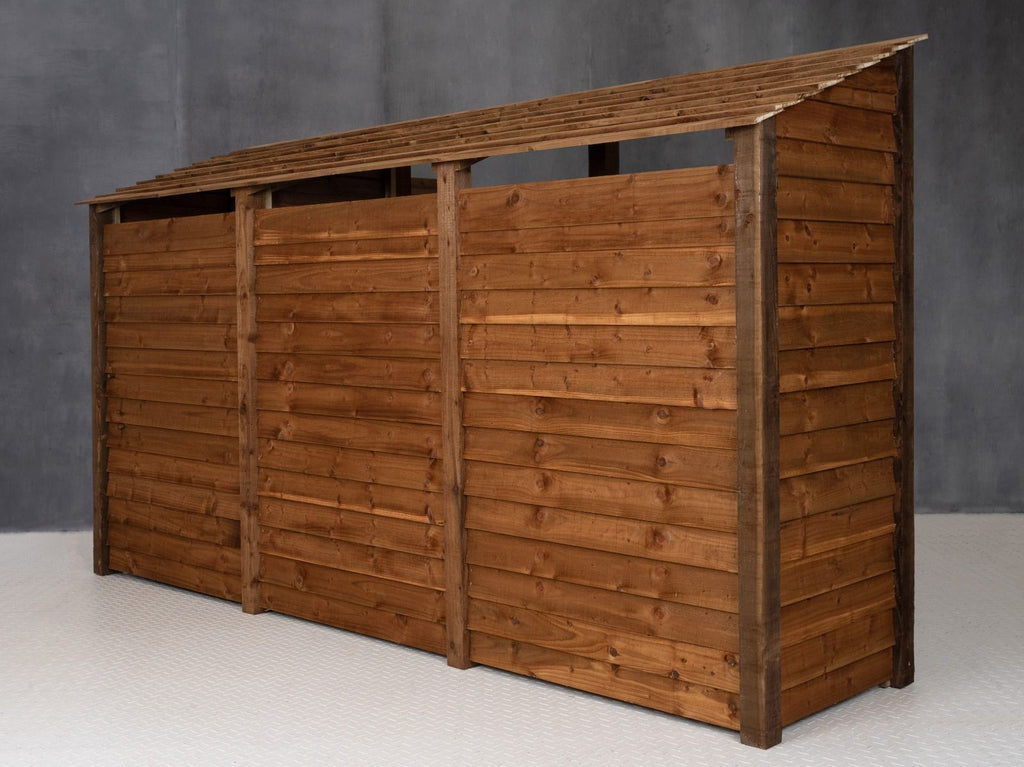 Wooden Log Store (Roof Sloping Back) with Shelf W-335cm, H-126cm or 180cm, D-88cm - Brown Finish