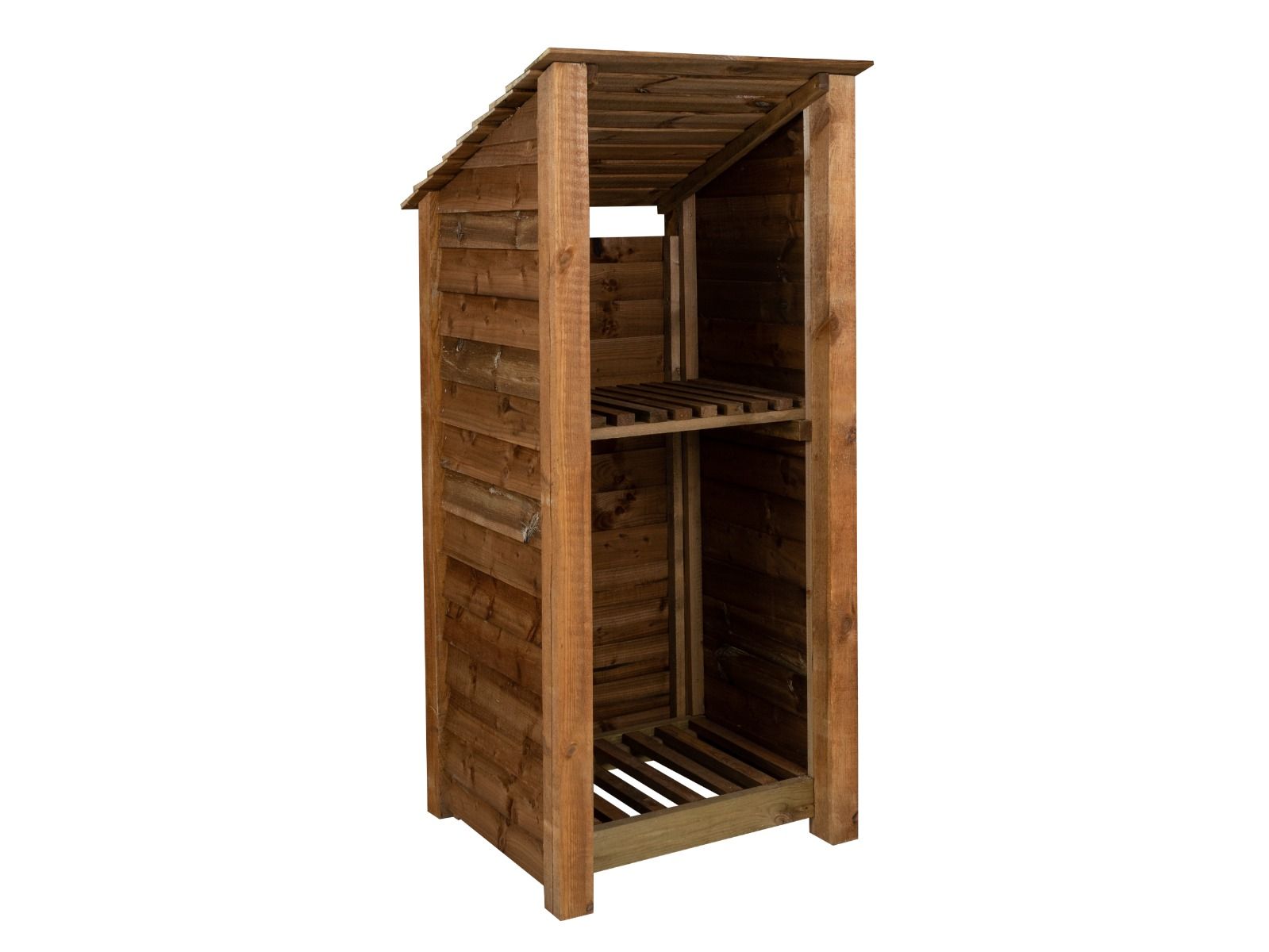 Wooden Log Store with Shelf (Roof Sloping Back) W-79cm, H-126cm or 180cm, D-88cm - Brown Finish