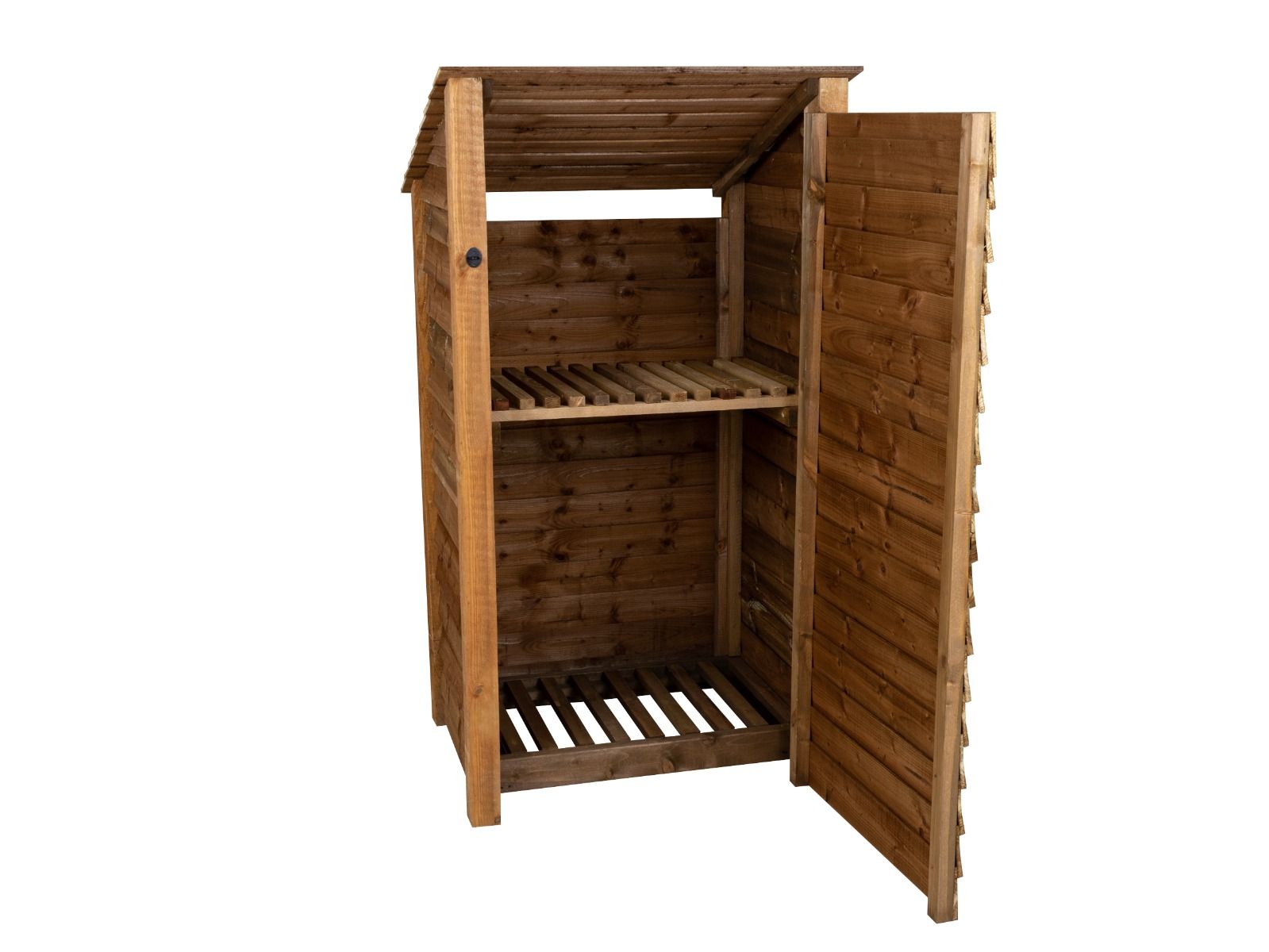 Wooden Log Store with Door and Shelf (Roof Sloping Back) W-99cm, H-126cm Or 180cm, D-88cm - Brown Finish
