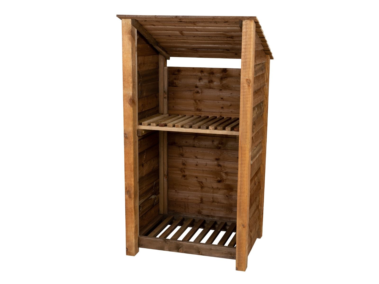 Wooden Log Store with Shelf (Roof Sloping Back) W-99cm, H-126cm Or 180cm, D-88cm - Brown Finish