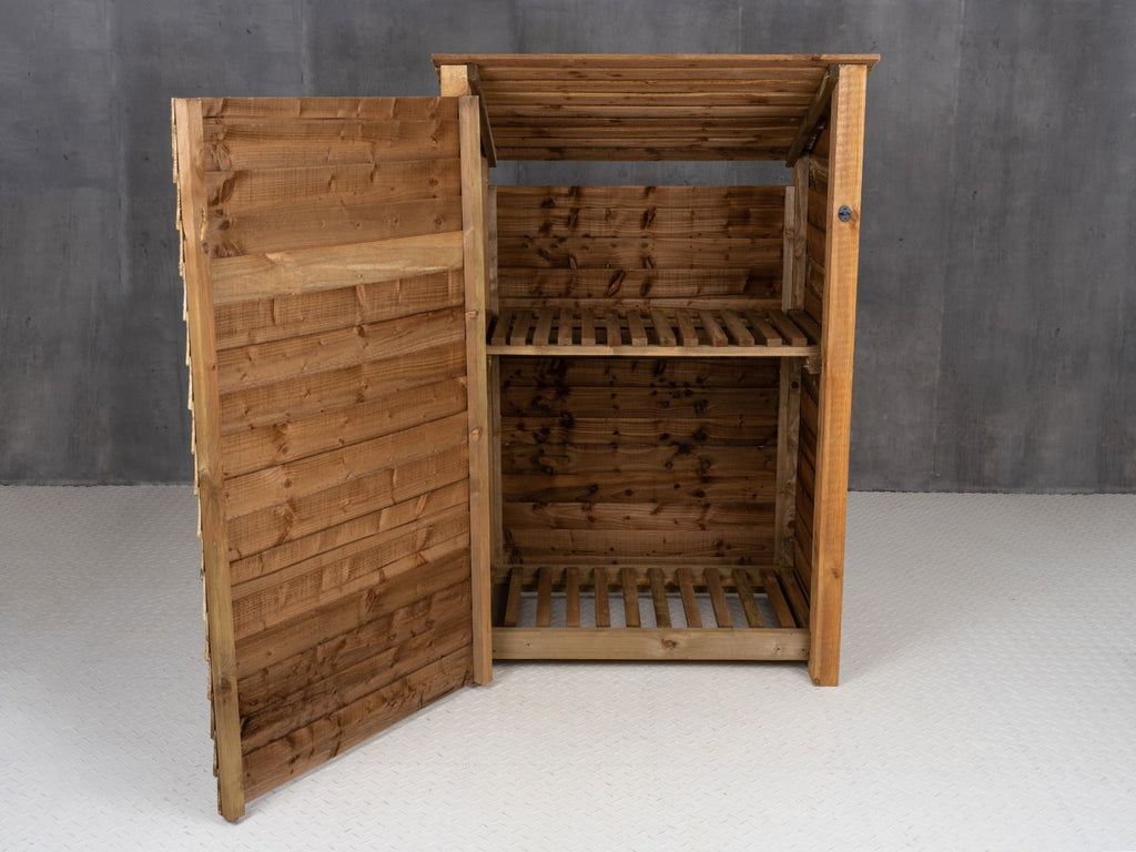 Wooden Log Store (Roof Sloping Back) with Door and Shelf W-119cm, H-126cm or 180cm, D-88cm - Brown Finish