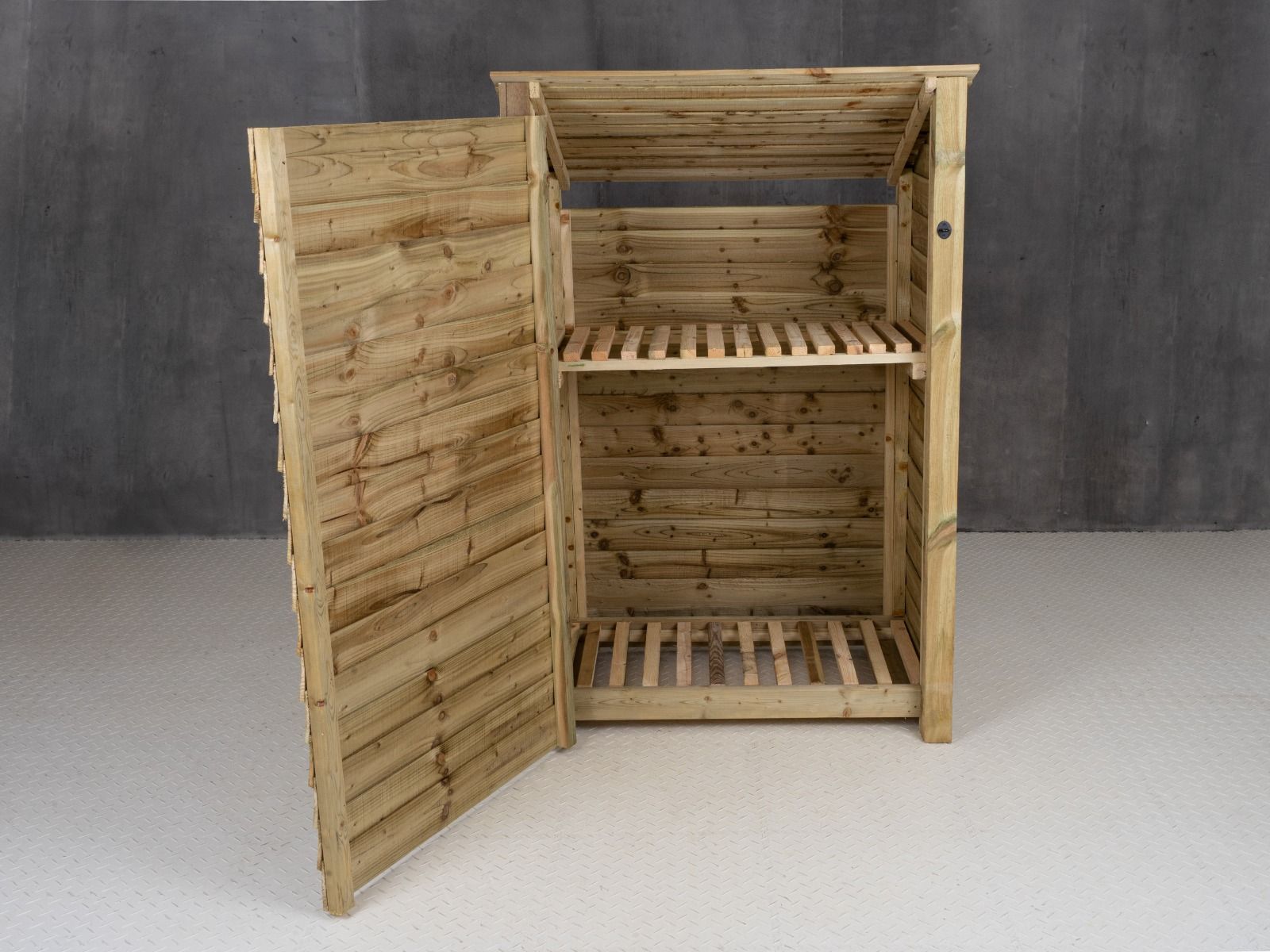 Wooden Log Store (Roof Sloping Back) with Door and Shelf W-119cm, H-126cm Or 180cm, D-88cm