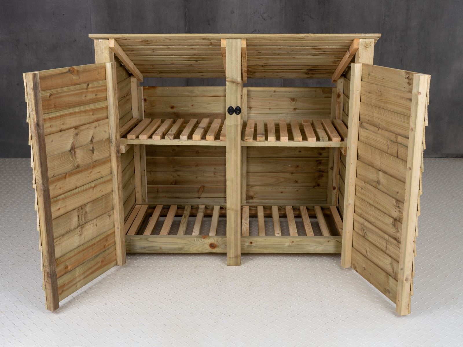 Wooden Log Store (Roof Sloping Back) with Door and Shelf W-146cm, H-126cm or 180cm, D-88cm