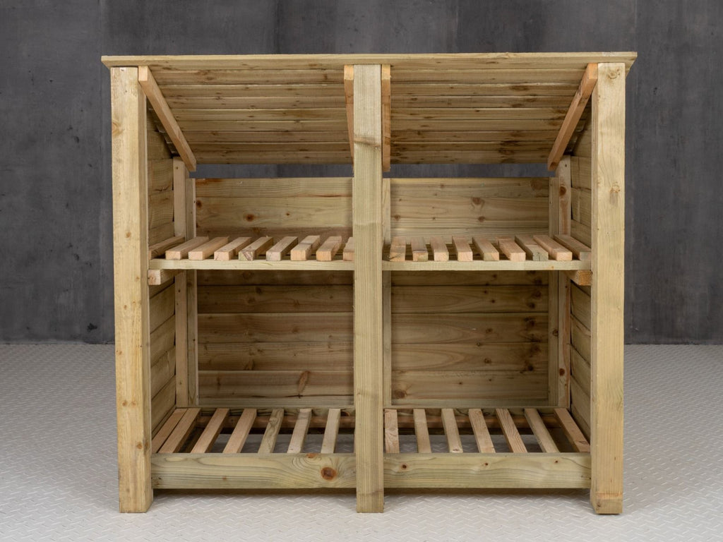 Wooden Log Store (Roof Sloping Back) with Shelf W-146cm, H-126cm or 180cm, D-88cm