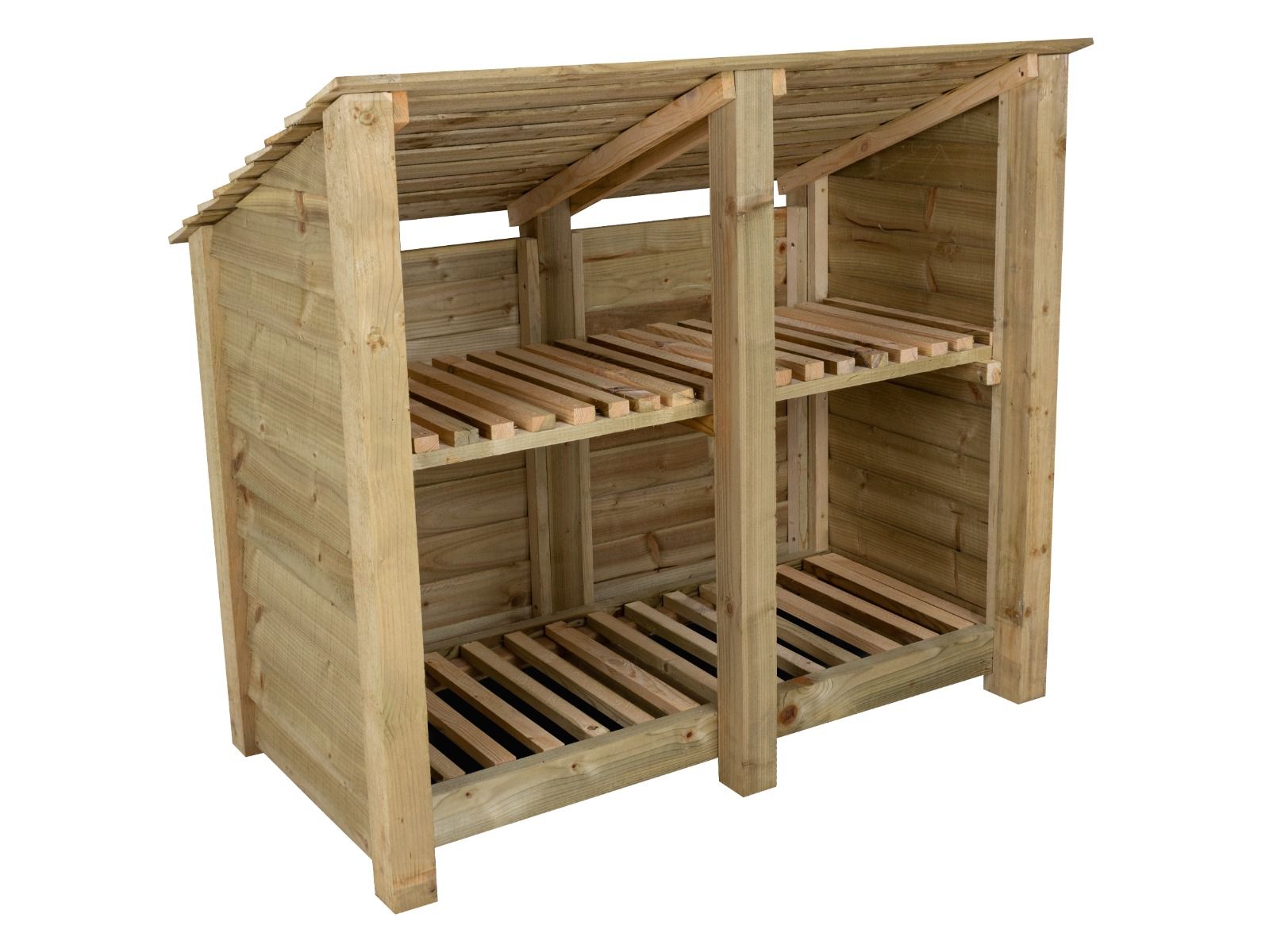 Wooden Log Store (Roof Sloping Back) with Shelf W-146cm, H-126cm or 180cm, D-88cm