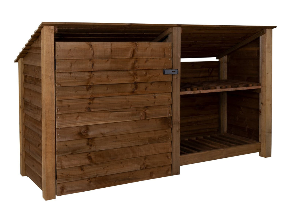 Wooden Garden Tool Storage (Roof Sloping Back) with Shelf W-227cm, H-126cm or 180cm, D-88cm - Brown Finish