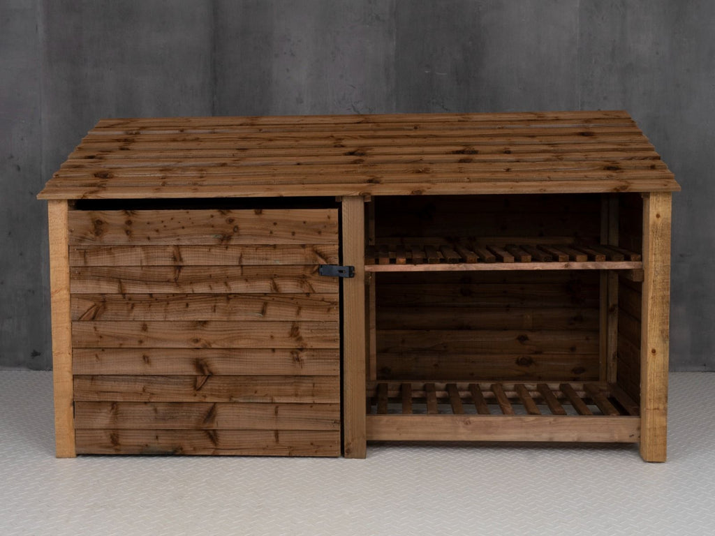 Wooden Garden Tool Storage with Shelf W-227cm, H-126cm or 180cm, D-88cm - Brown Finish