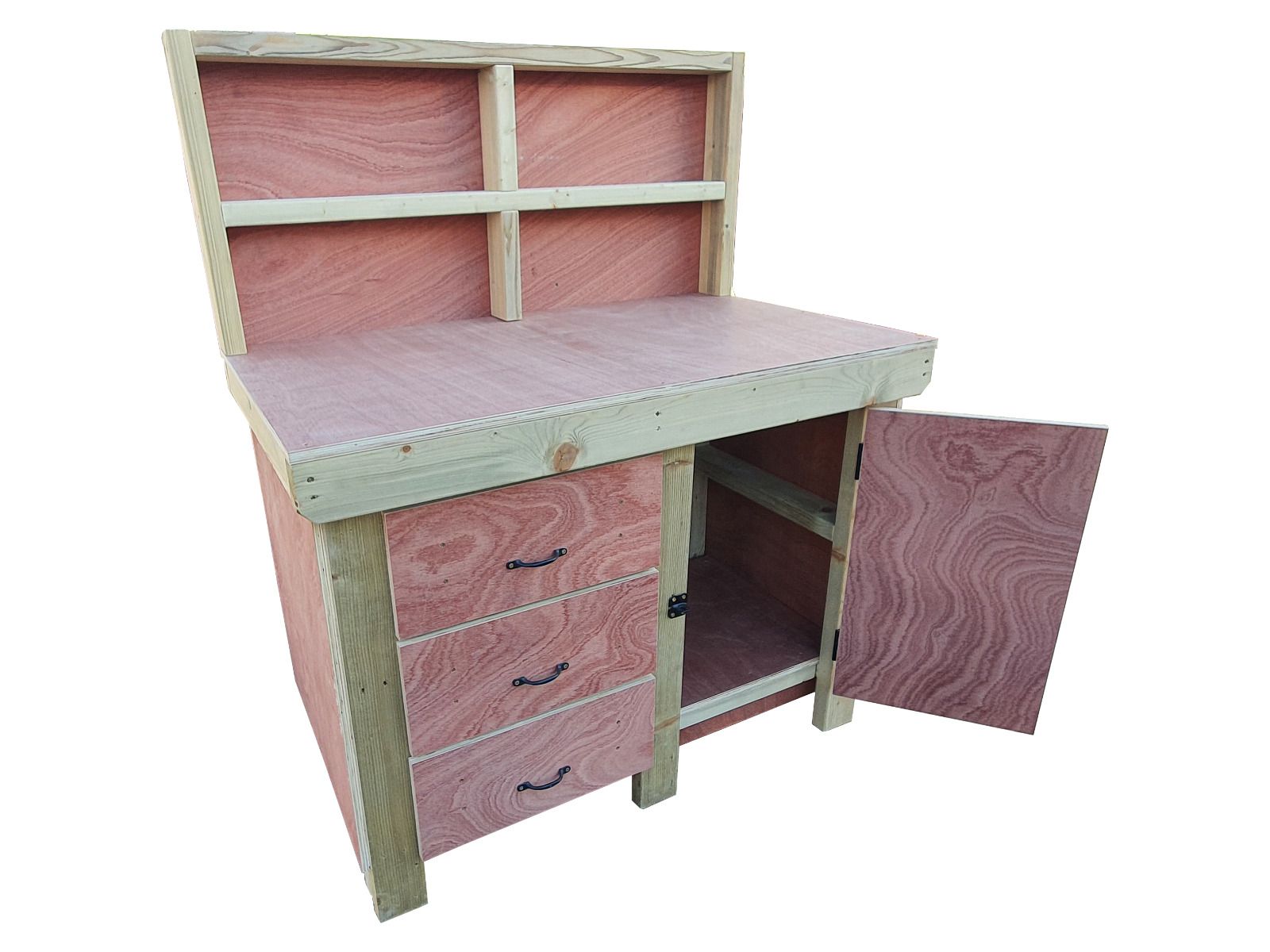 Wooden Eucalyptus hardwood top workbench, cabinet with lockable cupboard (V.3) with back
