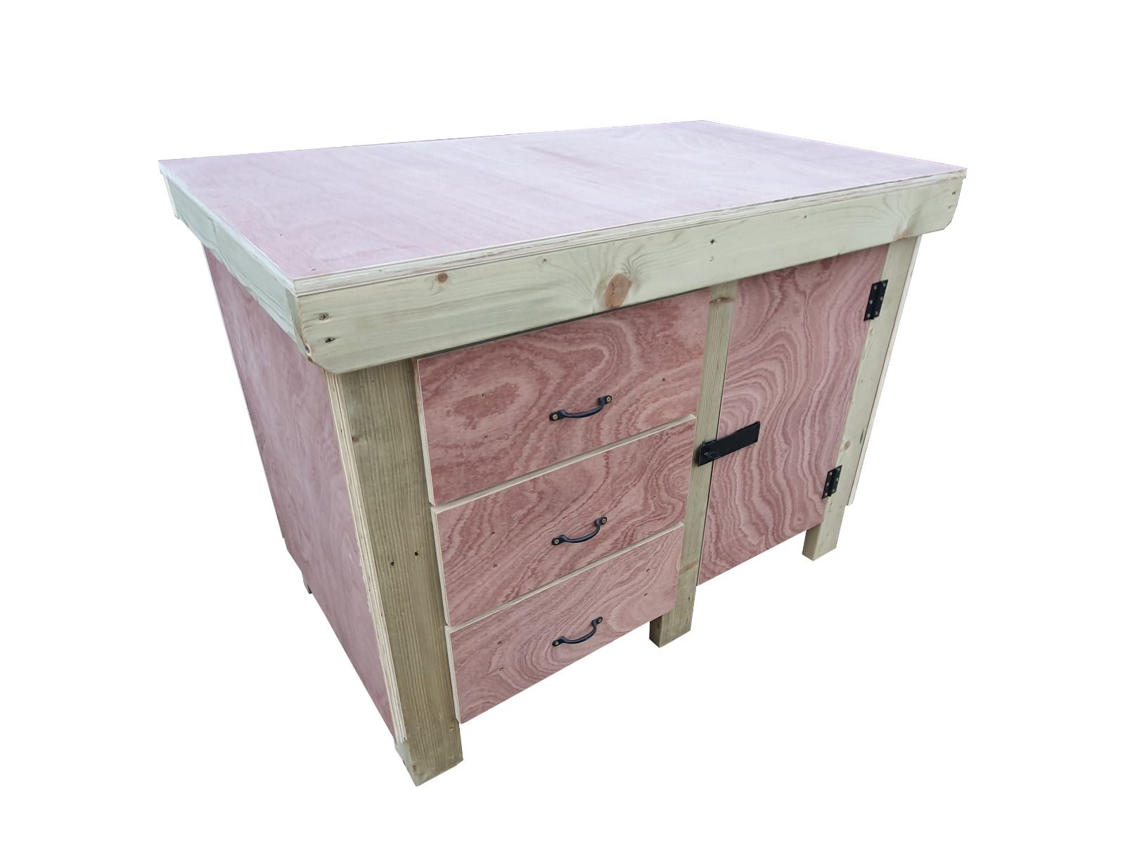 Wooden Eucalyptus hardwood top workbench, cabinet with lockable cupboard (V.3)